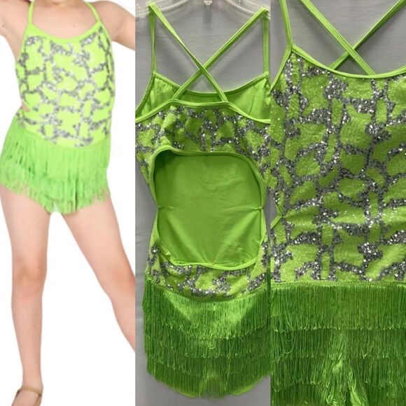 WEISSMAN Dance Costume neon green fringe sequins dress Feel This Moment 8638 SA - Picture 1 of 11